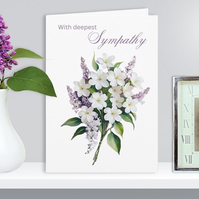 Elegant Vita och Lilac Flowers Deepest Sympathy Kort (An elegant floral sympathy card in a traditional style, with picture of a simple bouquet)
