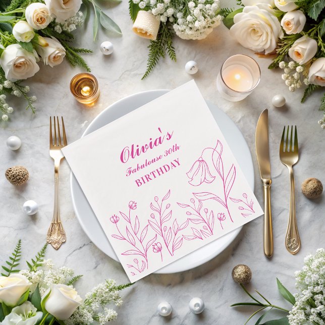 Elegant Vita och Rosa Blommigt 30års födelsedag Pappersservett (Skapare uppladdad)