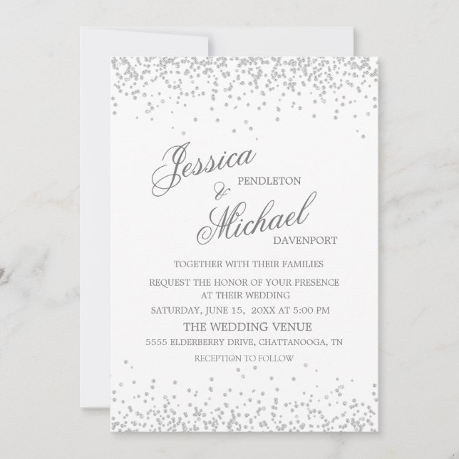 Elegant Vita Silver Glitter Bröllop Inbjudningar (Framsida)