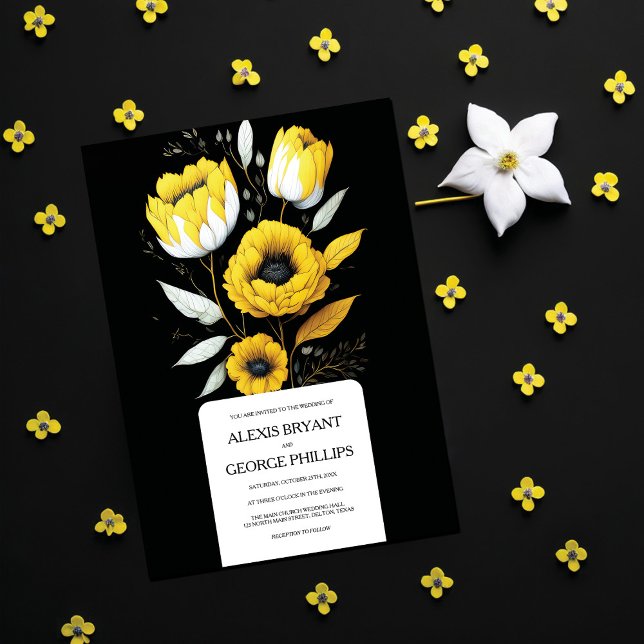 Elegant: Vita svarta blommor i Gult Bröllop Inbjudningar (Skapare uppladdad)