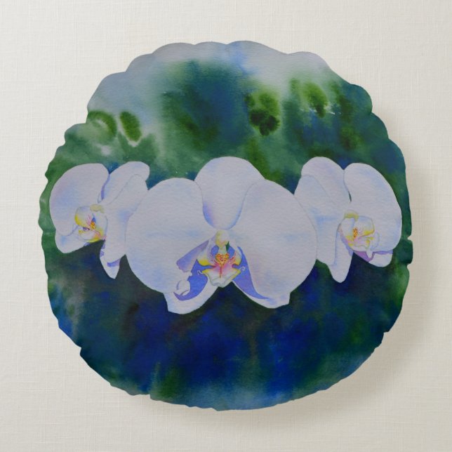 Elegant: vita vattenfärgade tropiska boho orchids rund kudde (Framsidan)