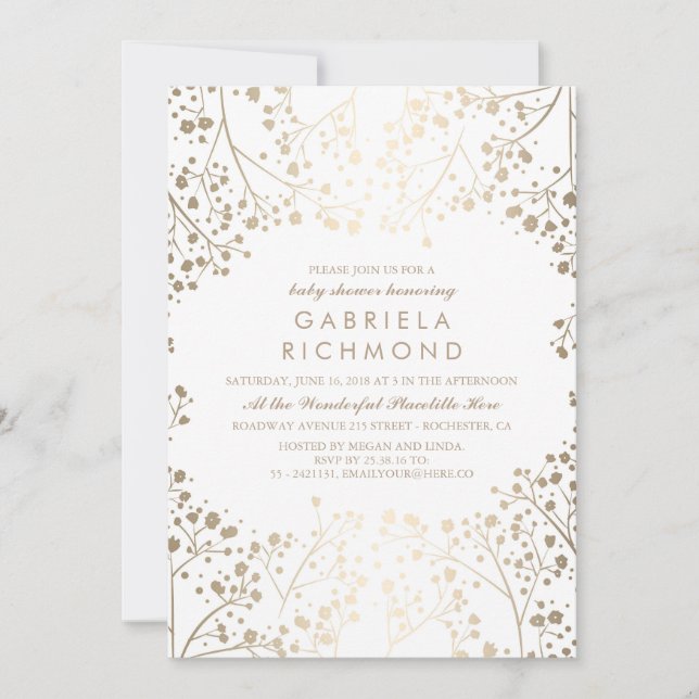 Elegant vitbaby shower för guld- brudslöja inbjudningar (Framsida)