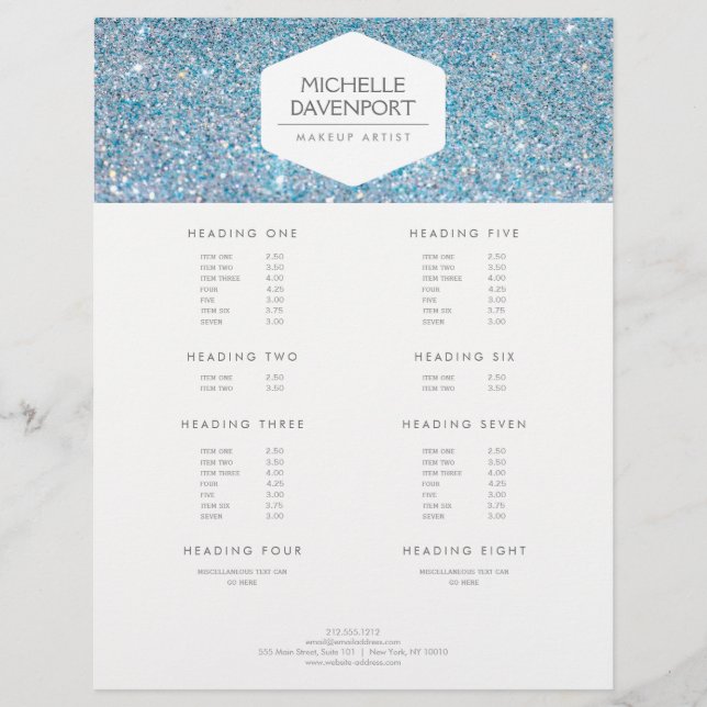 ELEGANT VITE EMBLEM PÅ BLUE GLITTER REKLAMBLAD (Framsidan)