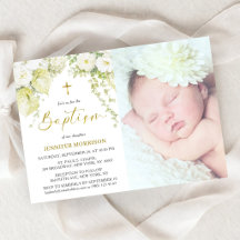 Elegant vitguld dop fotoinbjudan med blommor