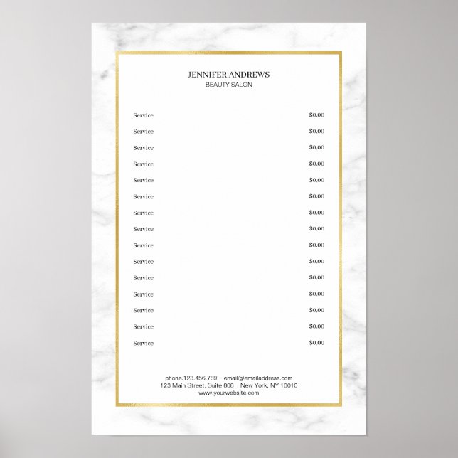 Elegant Vitmarble Guld Pricelist Poster (Framsidan)