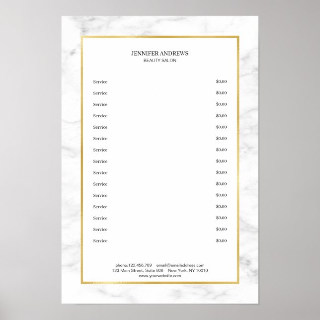 Elegant Vitmarble Guld Pricelist Poster (Framsidan)