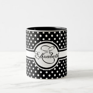 Elegant vitpolka dots på svart Monogram Två-Tonad Mugg
