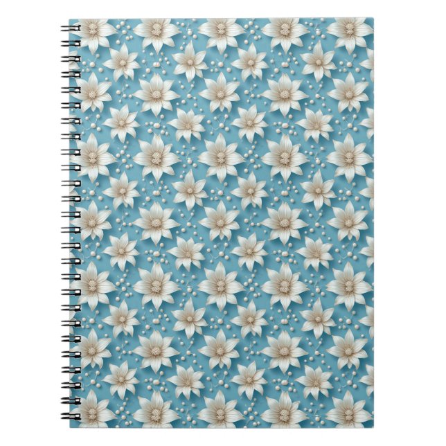 Elegant vitt blommönster med pärlor anteckningsbok (Framsidan)