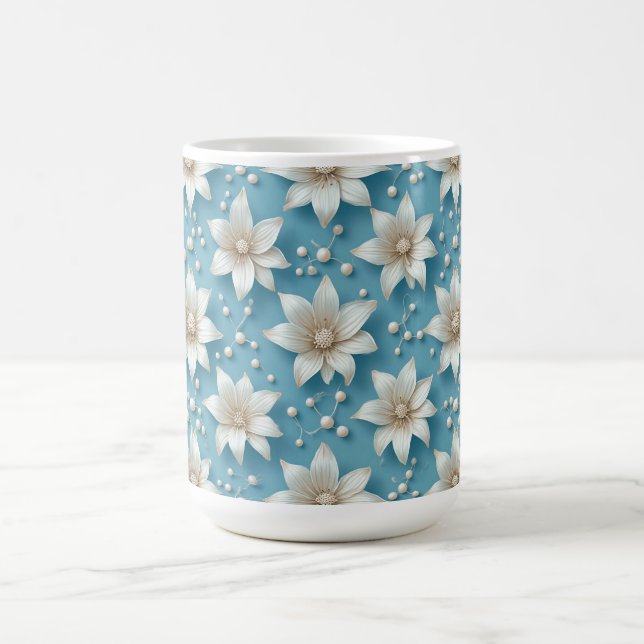 Elegant Vitt Blommönster Med Pärlor Kaffemugg (Center)