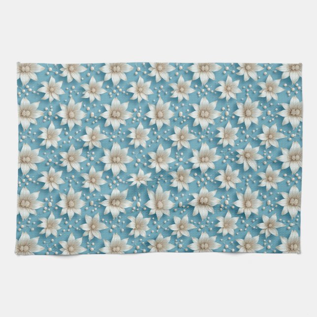 Elegant Vitt Blommönster Med Pärlor Kökshandduk (Horisontell)