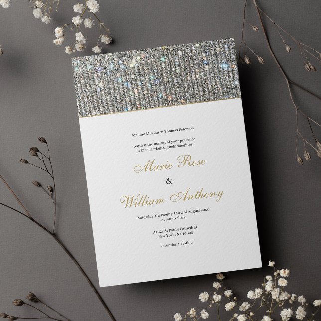 Elegant, vitt glam Bröllop för glam över glitter v Inbjudningar (Elegant white gold silver glitter glam Wedding Invitation )
