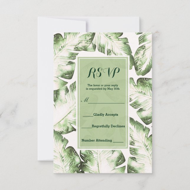 Elegant Vitt Gröna Tropiska Blad RSVP Svar (Framsida)