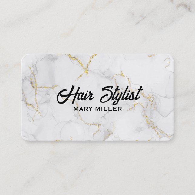 Elegant Vitt Guld Marmor Frisör QR-kod Visitkort (Framsida)