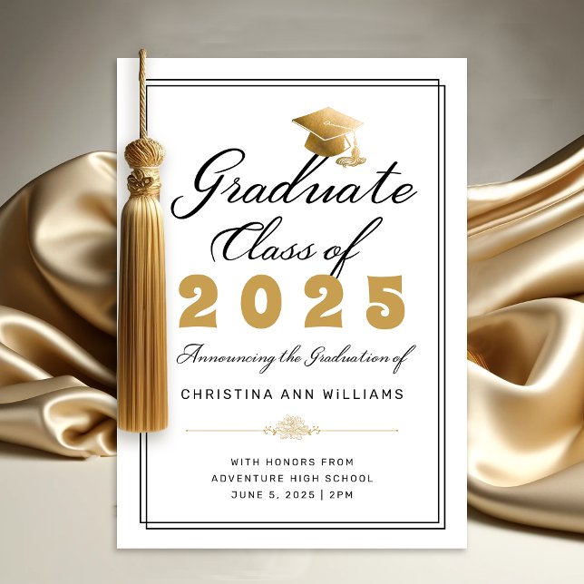 Elegant vitt guld svart examenklass 2025 meddelande (Elegant White Gold Script Graduation Announcement)