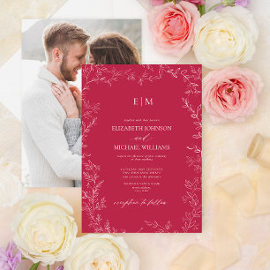 Elegant Vivid Magenta Löv Photo Monogram Bröllop Inbjudningar