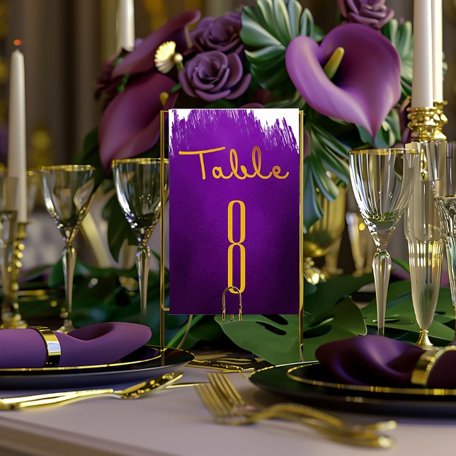 Elegant Vivid Violet Lila och Guld Bröllop Bordsnummer (Modern Sleep Vivid Purple Ink Splash Table Number )