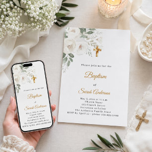 Elegant vuxendopfest med vita blommor inbjudningar