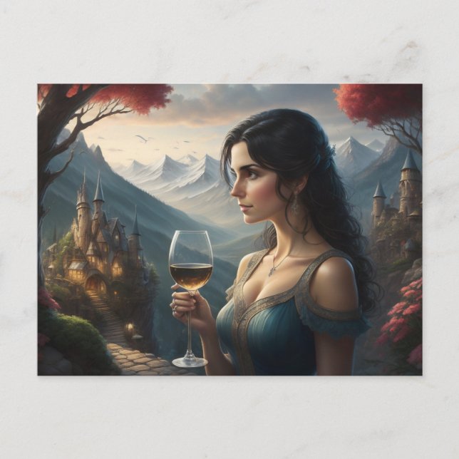 Elegant vykort för kvinnliga drickande Vin (Framsida)