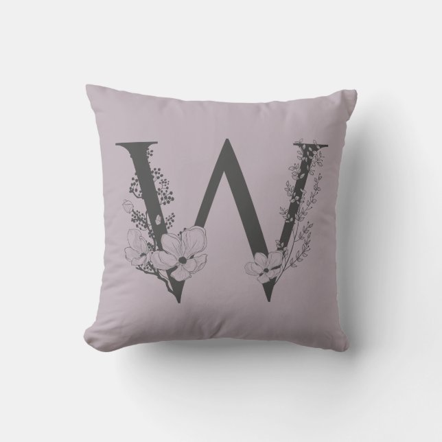 Elegant W Boho Blommigt Monogram Initial Lilac Grå Kudde (Framsida)
