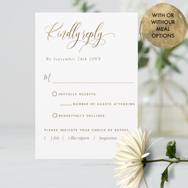 Elegant W/Utan Måltider, Vita och Guld, Bröllop OSA Kort (Skapare uppladdad)