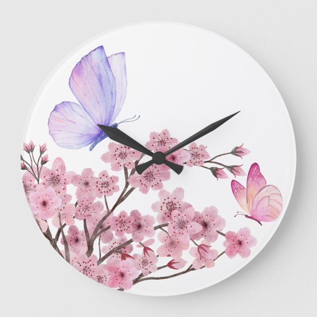 Elegant Wall Clock med Cherry Blommar Gren och Stor Klocka (Framsida)