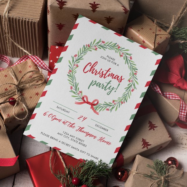 Elegant Wandeand and Festive Gräns jul Party Inbjudningar (A festive Christmas party invitation featuring a holiday wreath with red berries, a decorative bow, )