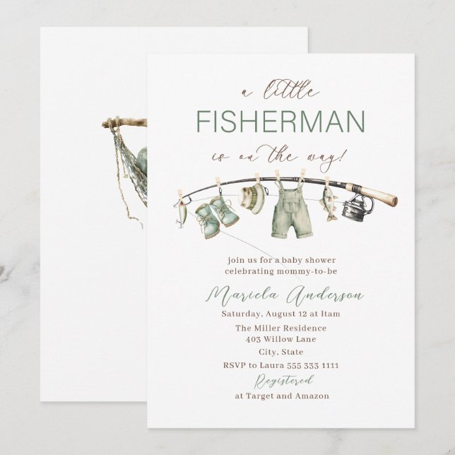 Elegant Watercolor A  little fisherman  Baby Showe Inbjudningar (Fram/baksida)