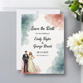Elegant Watercolor Abstrakt Bride & Groom Bröllop Spara Datumet