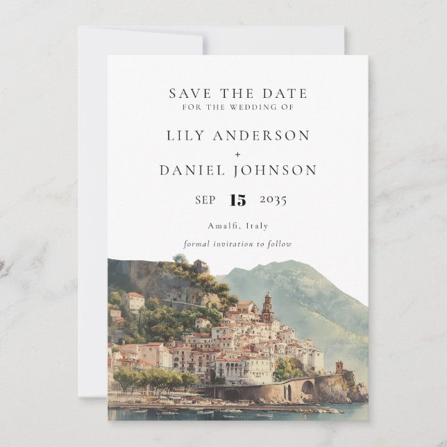 Elegant Watercolor Amalfi Italian Wedding Spara Datumet (Framsida)