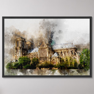 Elegant Watercolor Art of Notre Dame Cathedral Fototryck