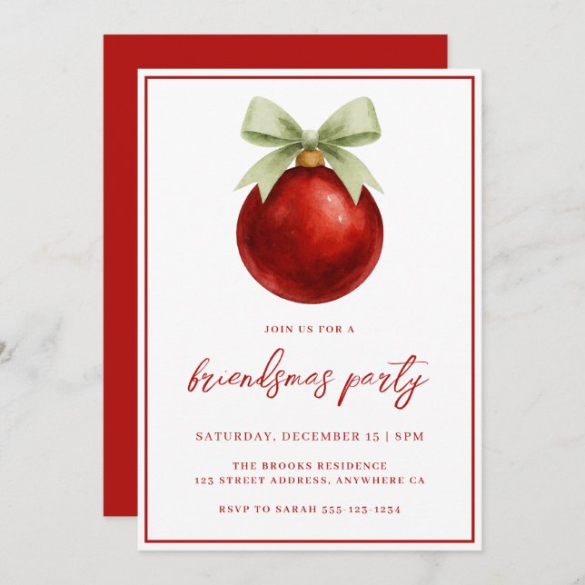Elegant Watercolor Bauble & Bow Friendsmas Party Inbjudningar (Fram/baksida)