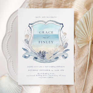 Elegant Watercolor Beach Wedding Vapensköld Inbjudningar