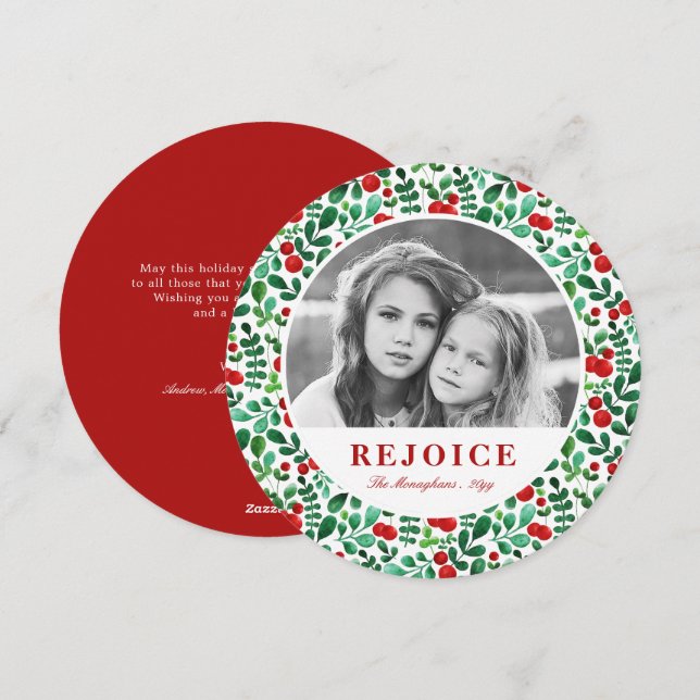 Elegant Watercolor Berries Red and Grönt | Foto Julkort (Fram/baksida)