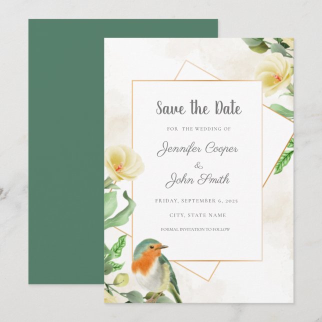 Elegant Watercolor Bird Blommigt Bröllop (Fram/baksida)