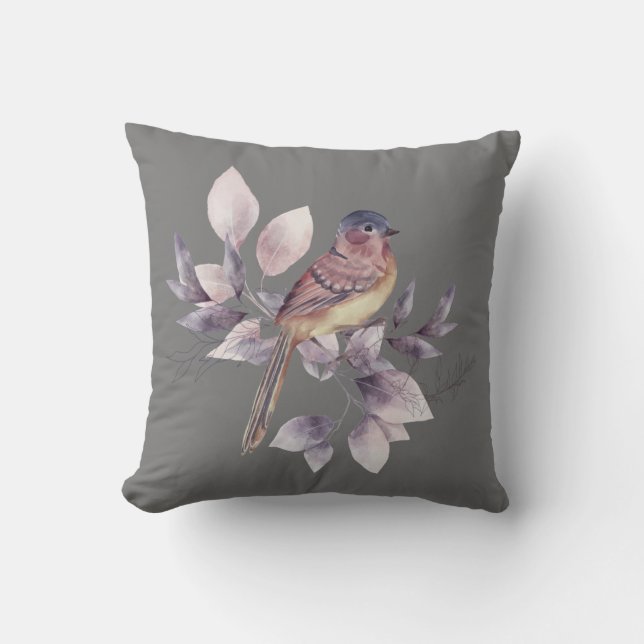 Elegant Watercolor Bird Grått Dekorativ kudde (Framsida)