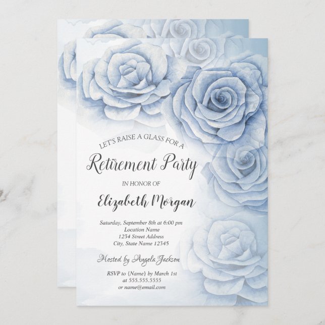 Elegant Watercolor Blåa blommor Pension Inbjudningar (Fram/baksida)