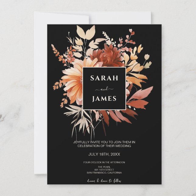 Elegant Watercolor Black Blommigt Fall Wedding Inbjudningar (Framsida)