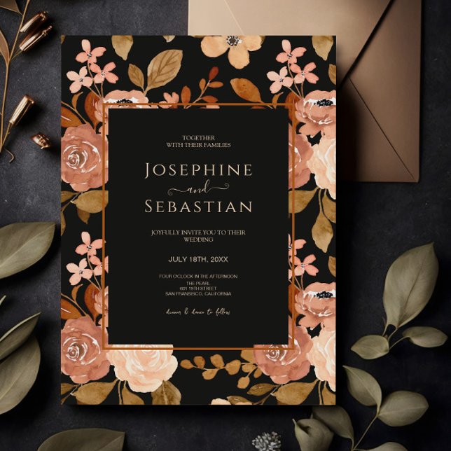 Elegant Watercolor Black Boho Blommigt Bröllop Inbjudningar (Skapare uppladdad)