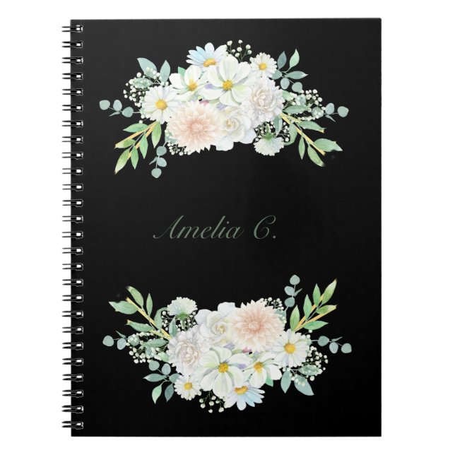 Elegant Watercolor Blommigt Black Notebook Anteckningsbok (Framsidan)