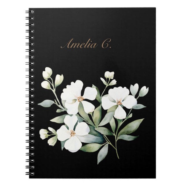 Elegant Watercolor Blommigt Black Notebook Anteckningsbok (Framsidan)