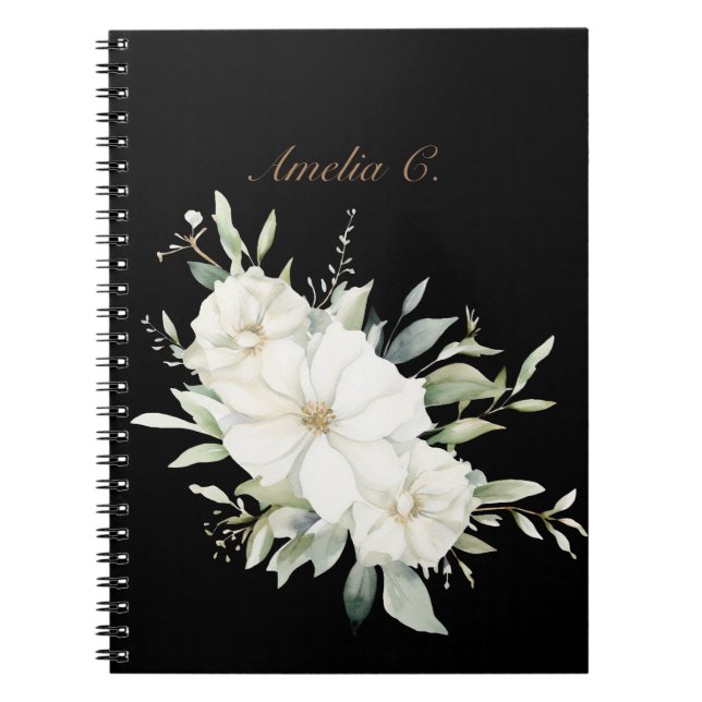 Elegant Watercolor Blommigt Black Notebook Anteckningsbok (Framsidan)