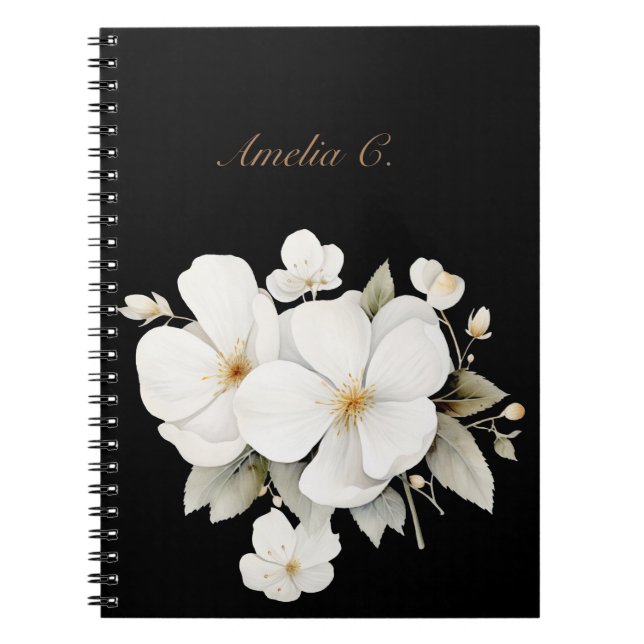 Elegant Watercolor Blommigt Black Notebook Anteckningsbok (Framsidan)