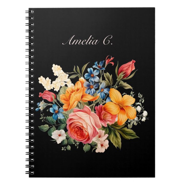Elegant Watercolor Blommigt Black Notebook Anteckningsbok (Framsidan)