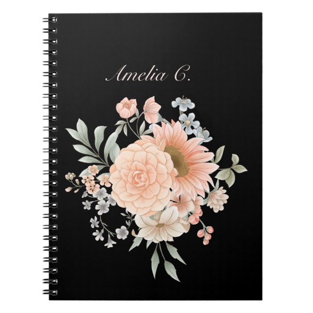 Elegant Watercolor Blommigt Black Notebook Anteckningsbok (Framsidan)