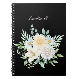 Elegant Watercolor Blommigt Black Notebook Anteckningsbok