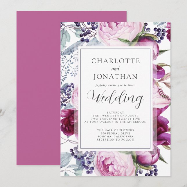 Elegant Watercolor Blommigt Botanical Bröllop Invi Inbjudningar (Fram/baksida)