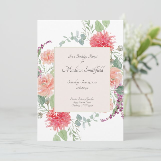 Elegant Watercolor Blommigt Bouquet Birthday Inbjudningar (Stående Fram)