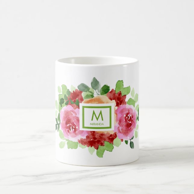Elegant Watercolor Blommigt Bouquet Monogram Kaffemugg (Center)