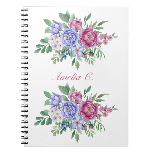 Elegant Watercolor Blommigt Bouquet White Notebook Anteckningsbok (Framsidan)