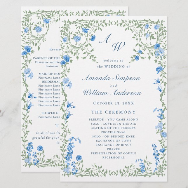 Elegant Watercolor Blommigt Bröllop Ceremony Progr (Fram/baksida)